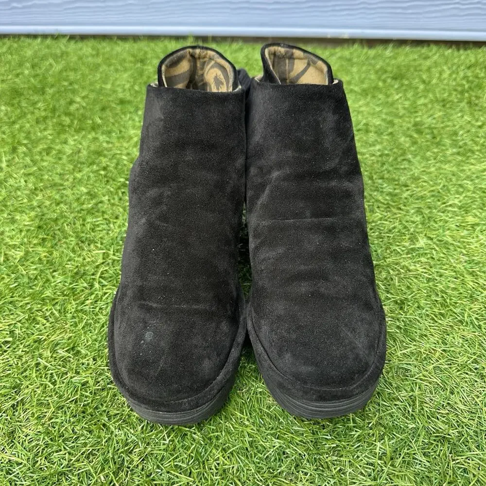 Fly London‎ Boots Yebi Womens Size 10 Black Suede Leather Wedge Booties