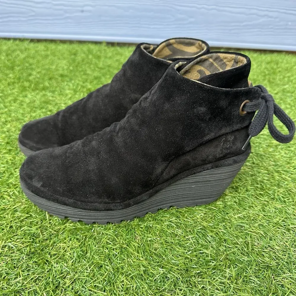 Fly London‎ Boots Yebi Womens Size 10 Black Suede Leather Wedge Booties