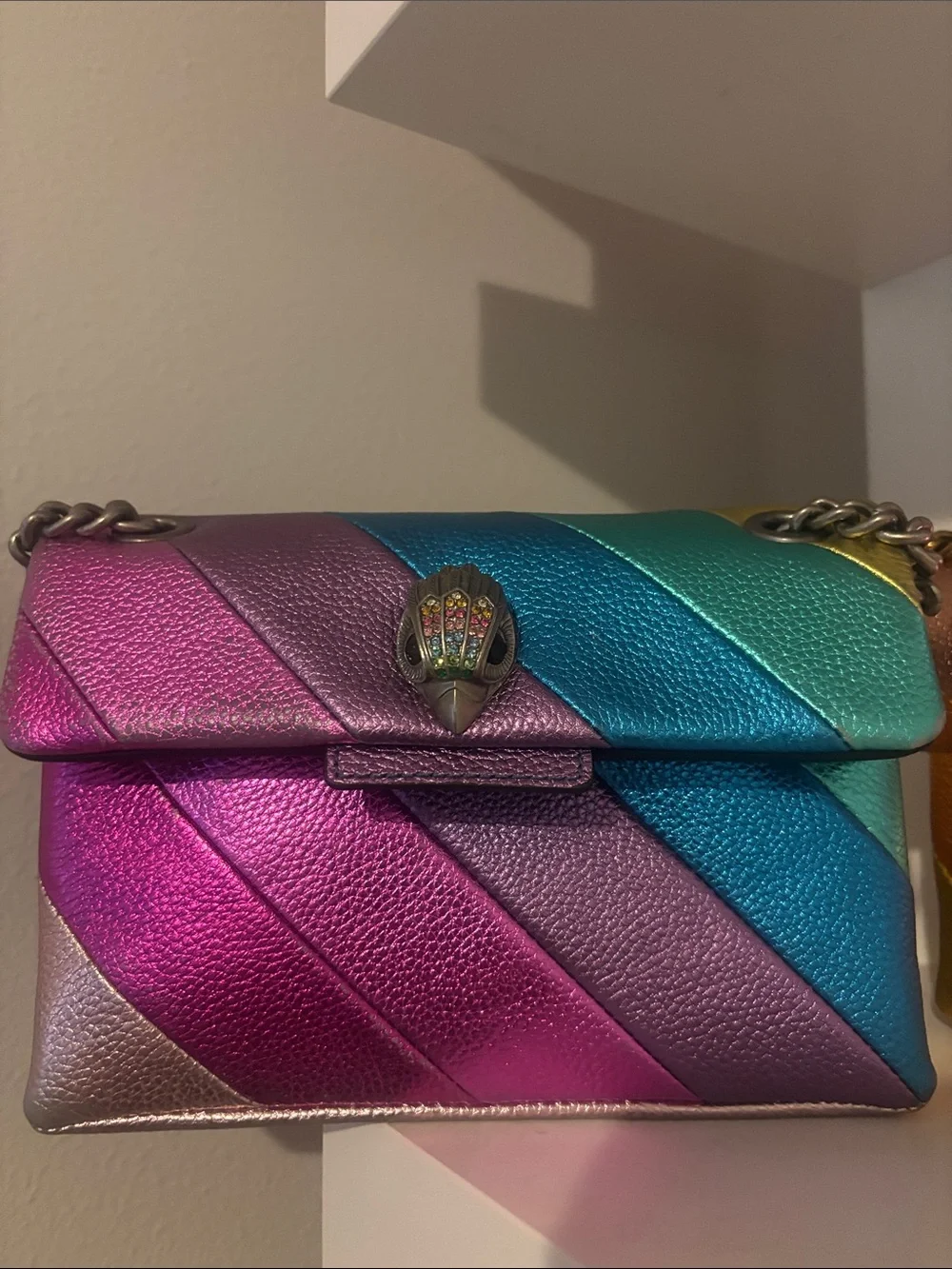 Kurt Geiger Metallic Rainbow Leather Shoulder Bag in Pink, Purple, Blue, Green