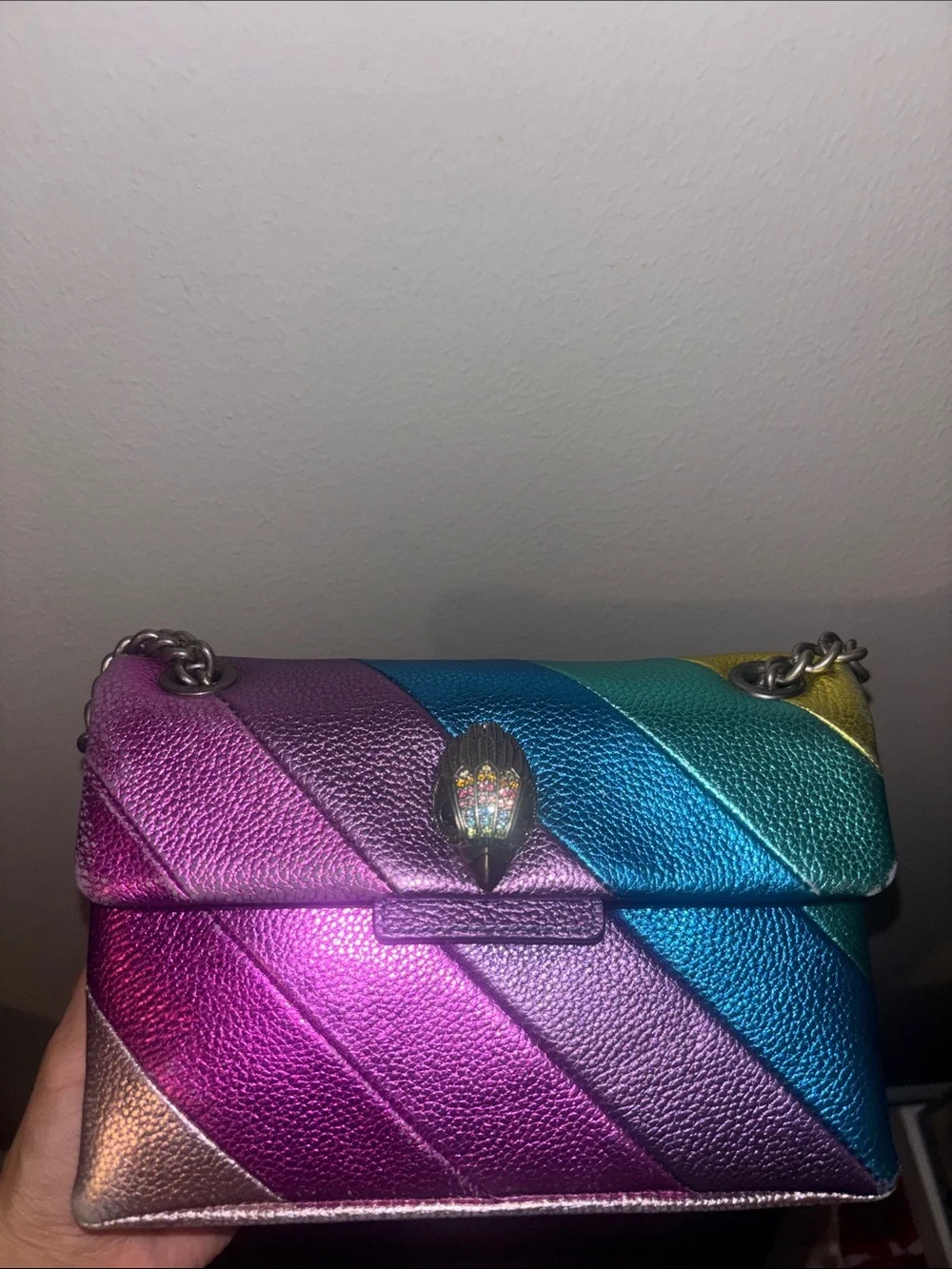 Kurt Geiger Metallic Rainbow Leather Shoulder Bag in Pink, Purple, Blue, Green