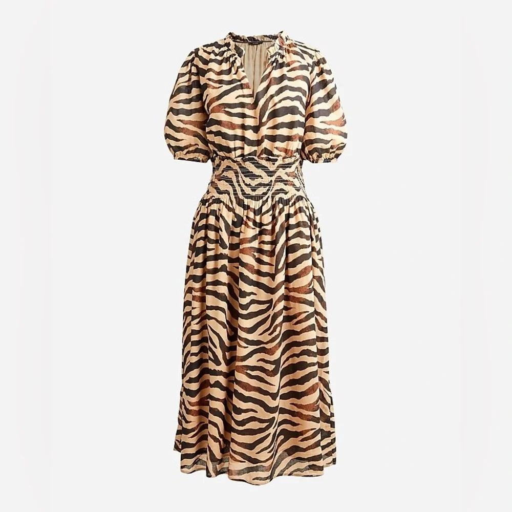 J. CREW Smocked Waist Cotton Voile Dress in Zebra Print Size Small NWT
