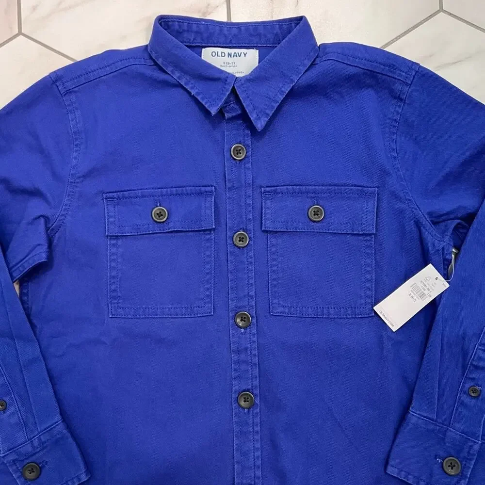 NWT Old Navy Blue Long-Sleeve Utility Pocket Twill Shirt for Boys Size S 6-7