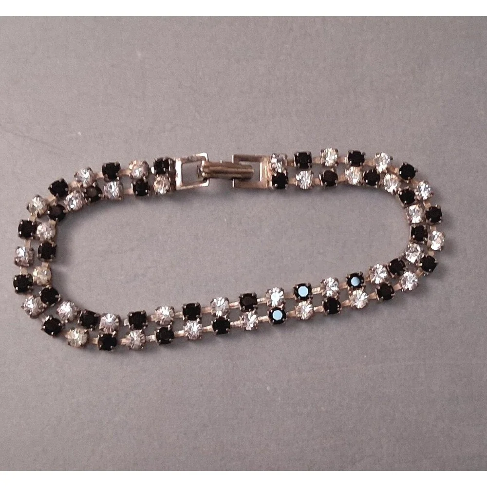 Vintage Tennis Bracelet Black & White Rhinestones