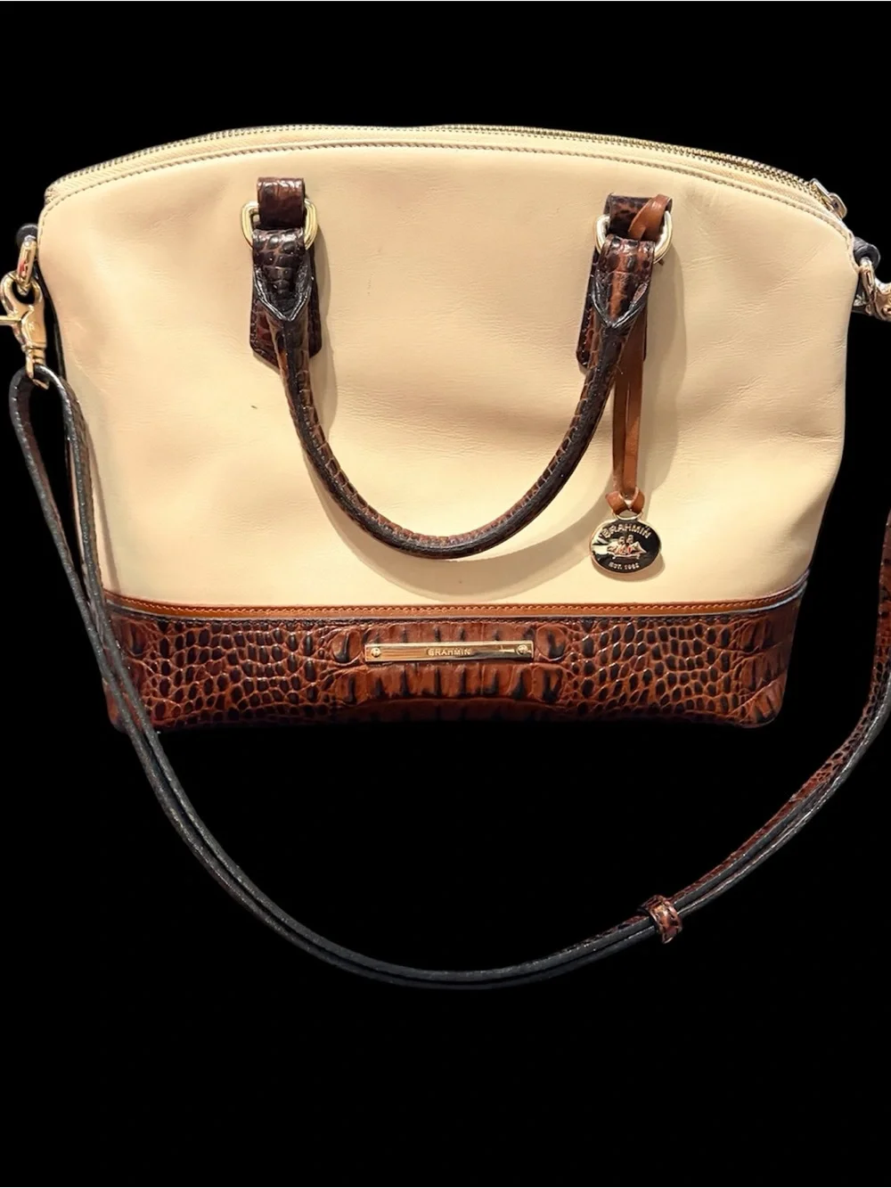 Brahmin Cream and Brown Croc-Trim Leather Satchel with Shoulder Strap