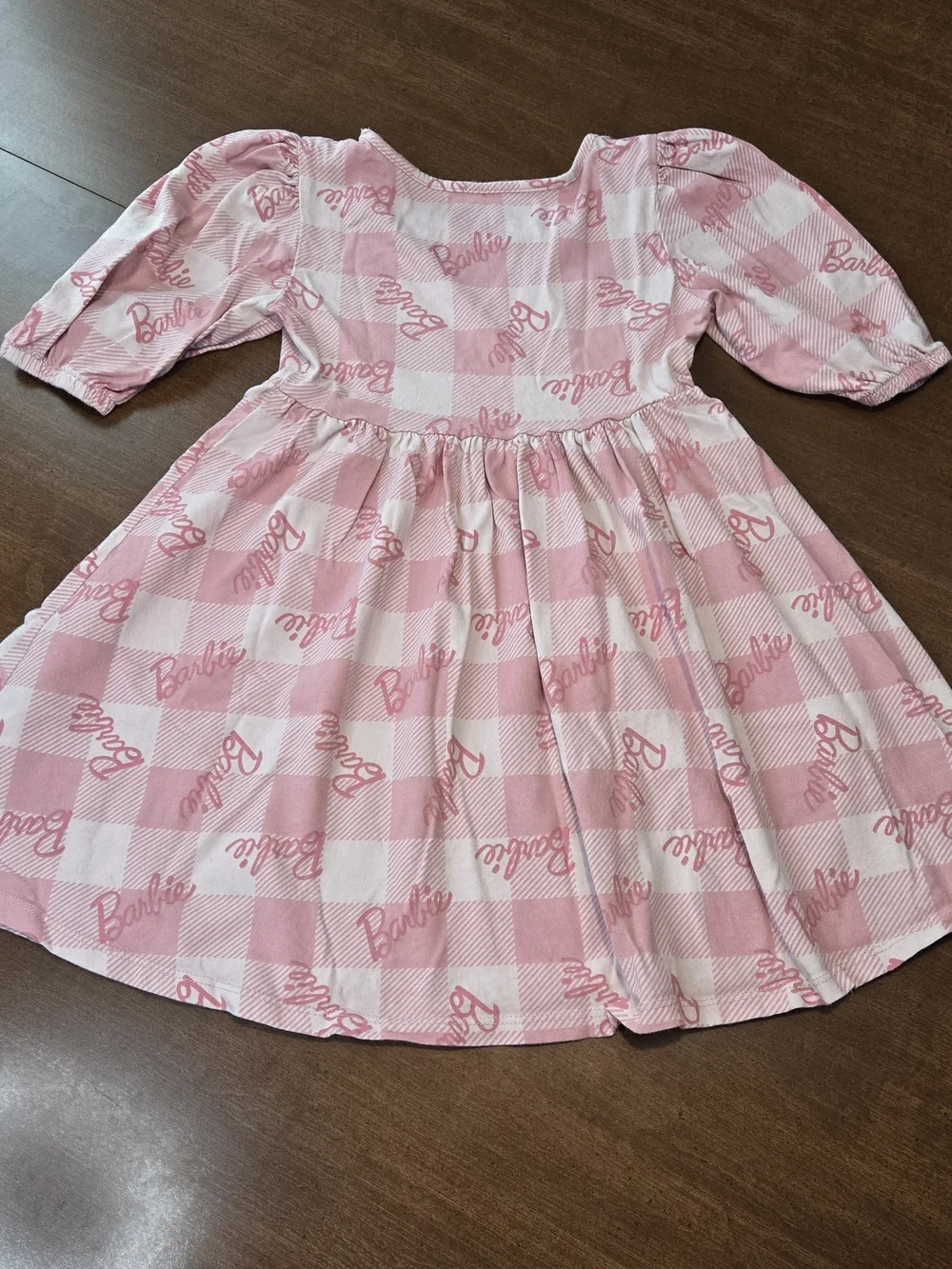 Barbie Girls Pink White Check Logo Graphic Puff Sleeve Fit & Flare Dress Medium