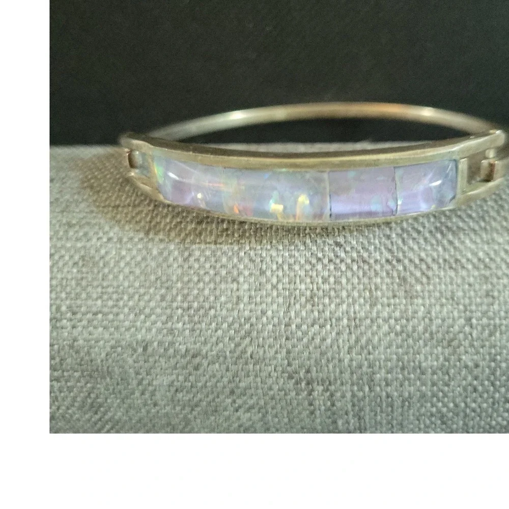 Vintage Alpaca Mexico Abalone Shell Inlay Bangle Bracelet Size 7 Cottagecore