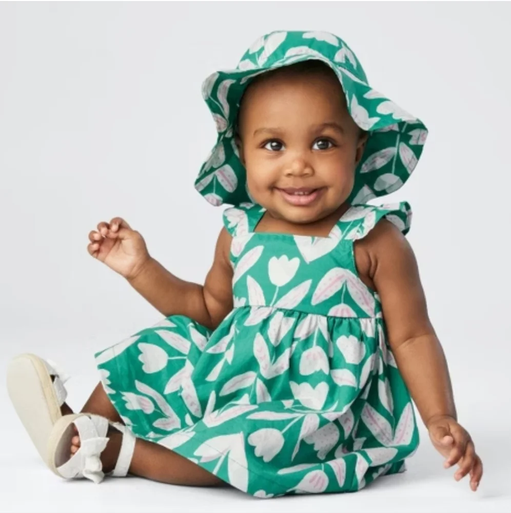 Carter 6M Green Floral Baby Dress with Hat