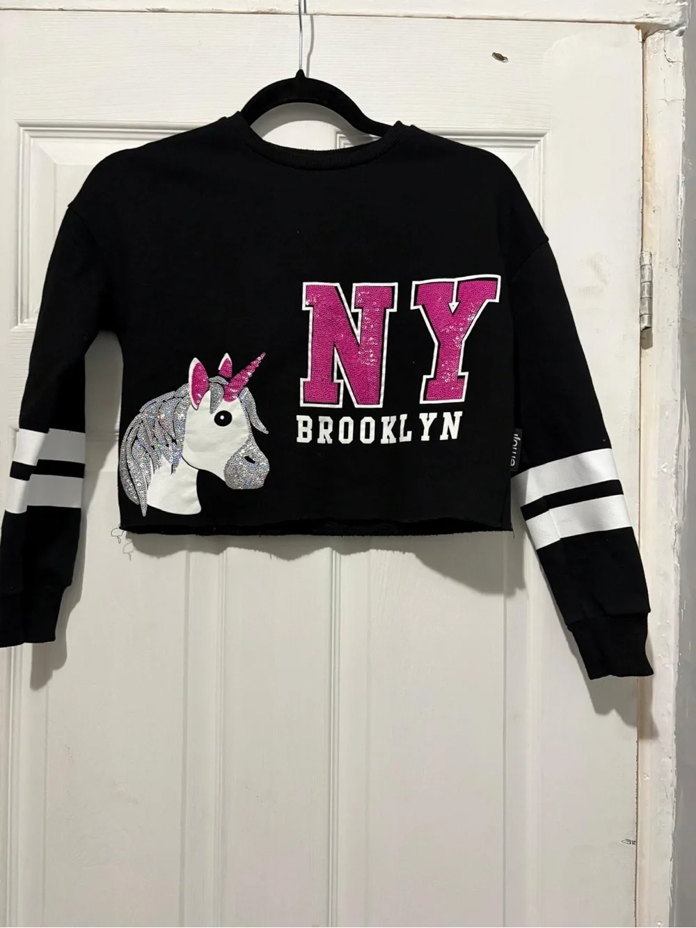 Kids Black 'NY Brooklyn' Unicorn Cropped Sweatshirt
