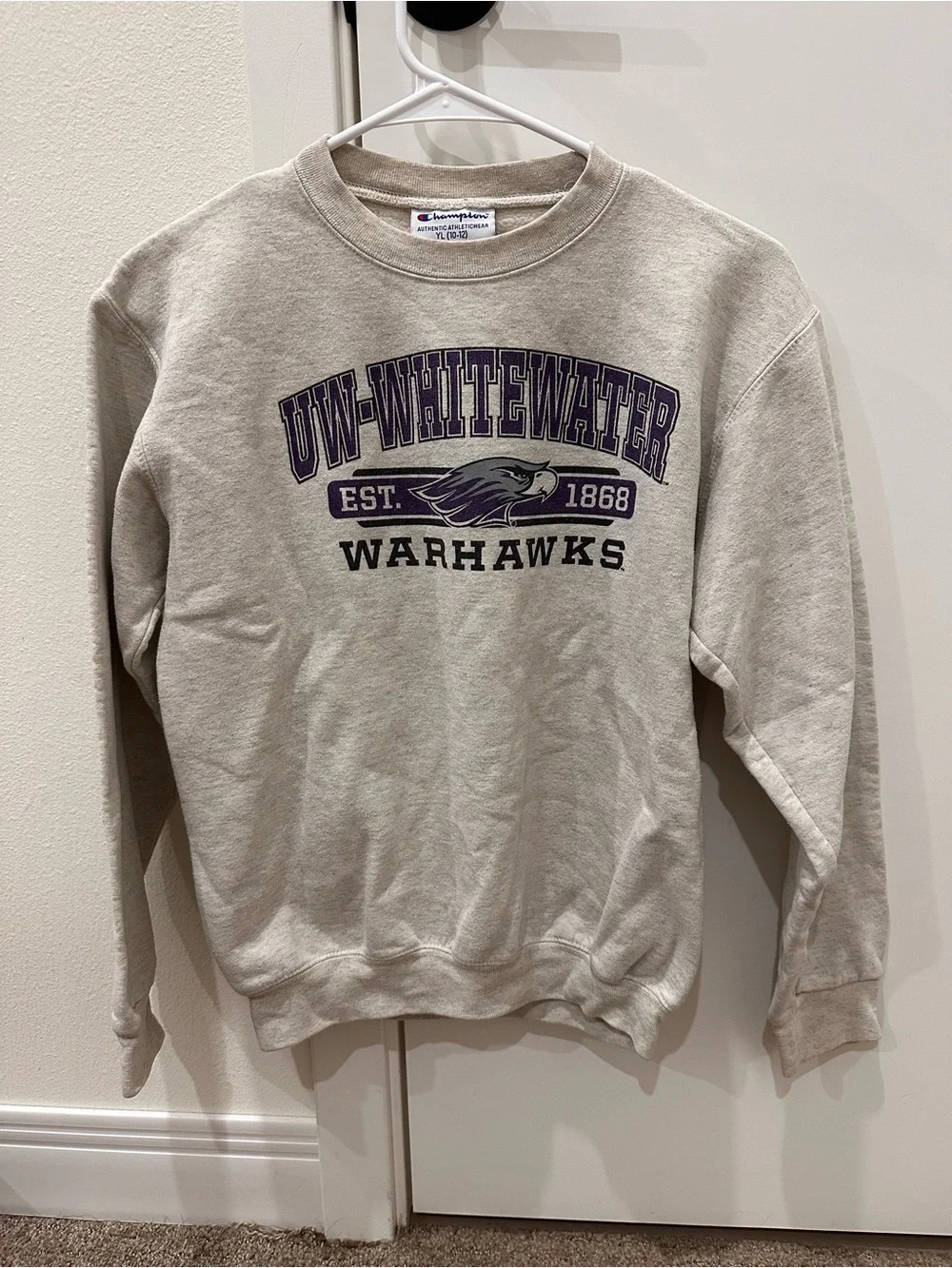 Champion Cream Crewneck Sweatshirt with Purple & Black UW-Whitewater Graphic