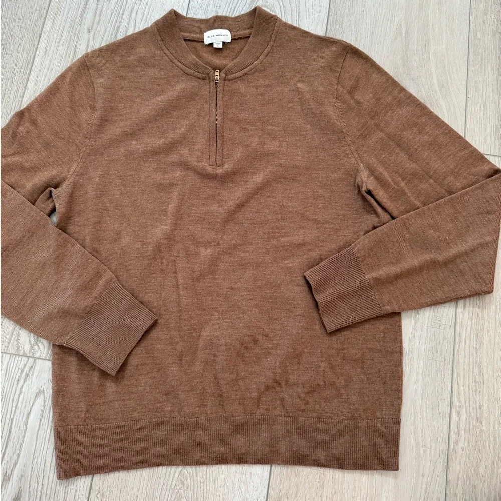 NEW Club Monaco Men’s 1/4 Zip Wool Sweater Brown Long Sleeve Soft Large