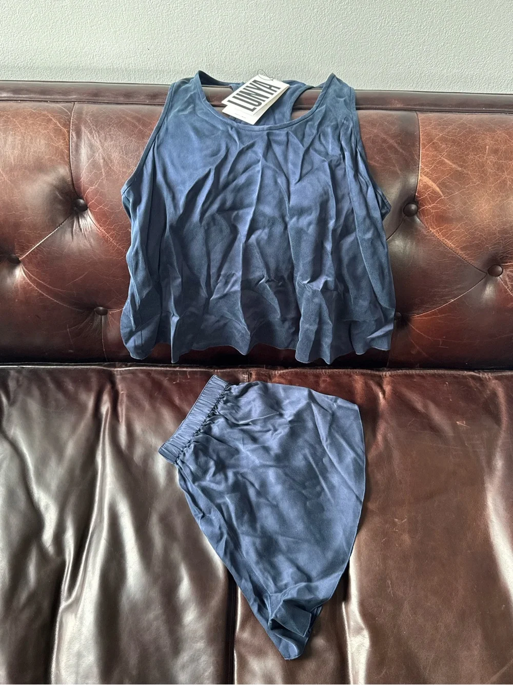 LUNYA BNWT Washable Silk Tulip Back Short Set in Deep Blue Size XS