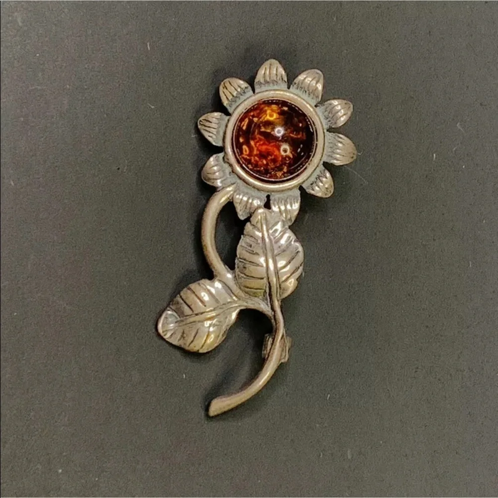 Amber Sterling Silver flower brooch Baltic Floral