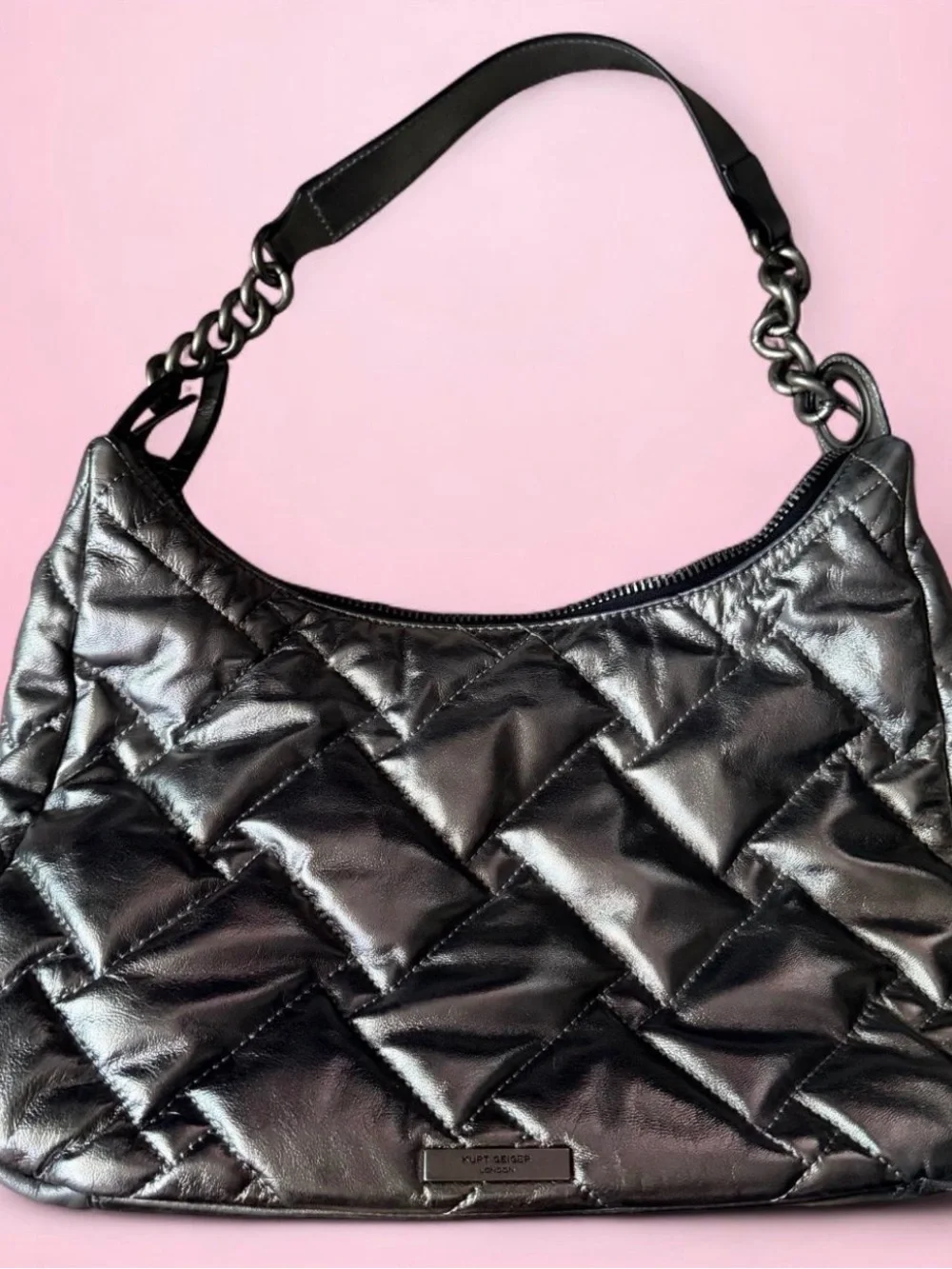 Kurt Geiger Quilted Metallic Shoulder Hobo in Gunmetal