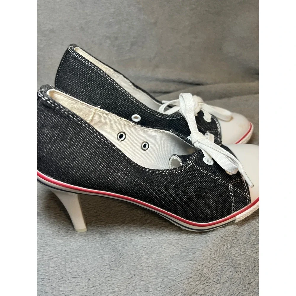 RLXZJ Black Denim Canvas Sneaker Stiletto Heels Lace Up Pumps Size 39 Y2K Sporty