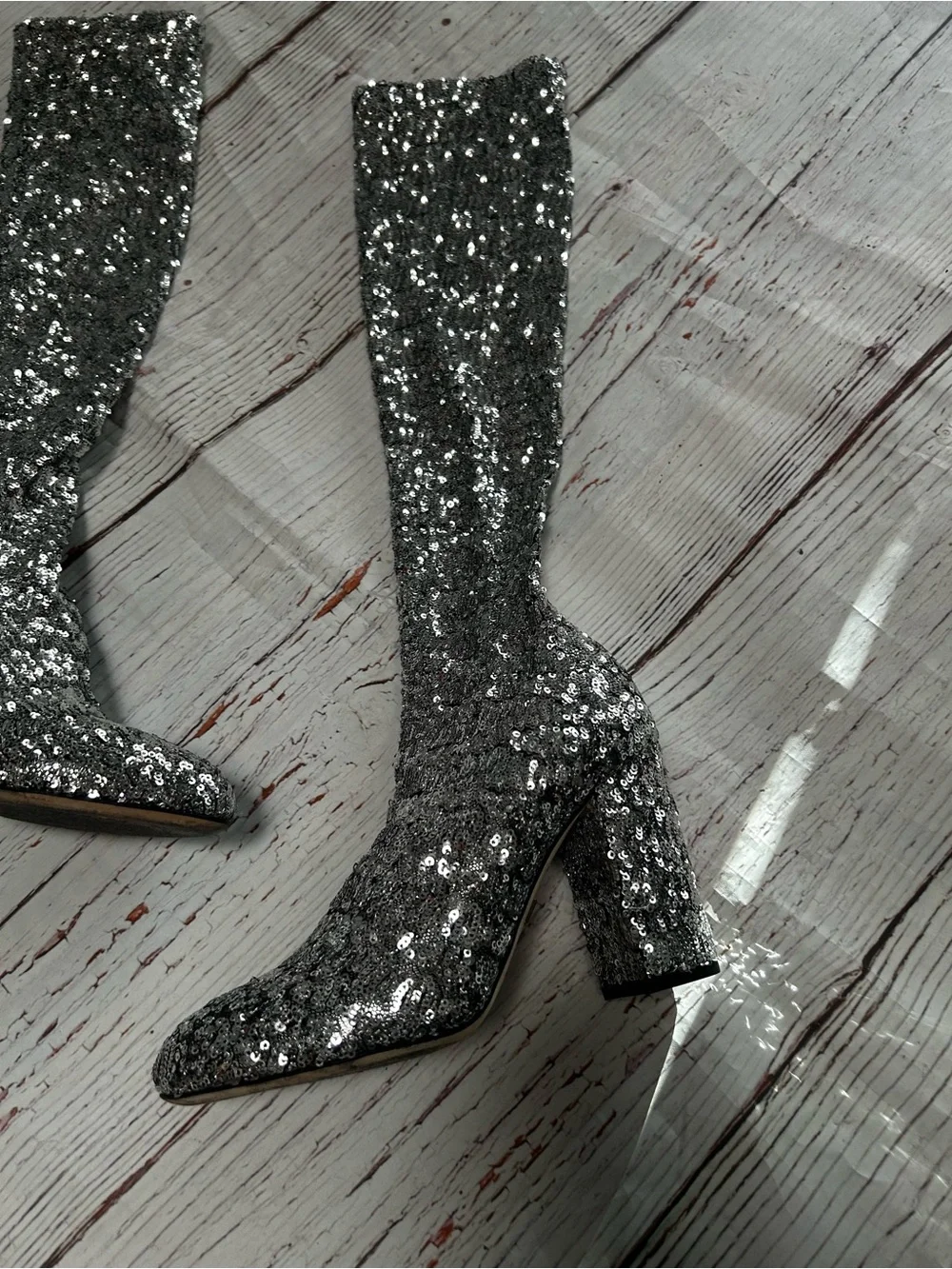 Dolce & Gabbana Silver Sequin Knee-High Block Heel Sock Boots Sz 37