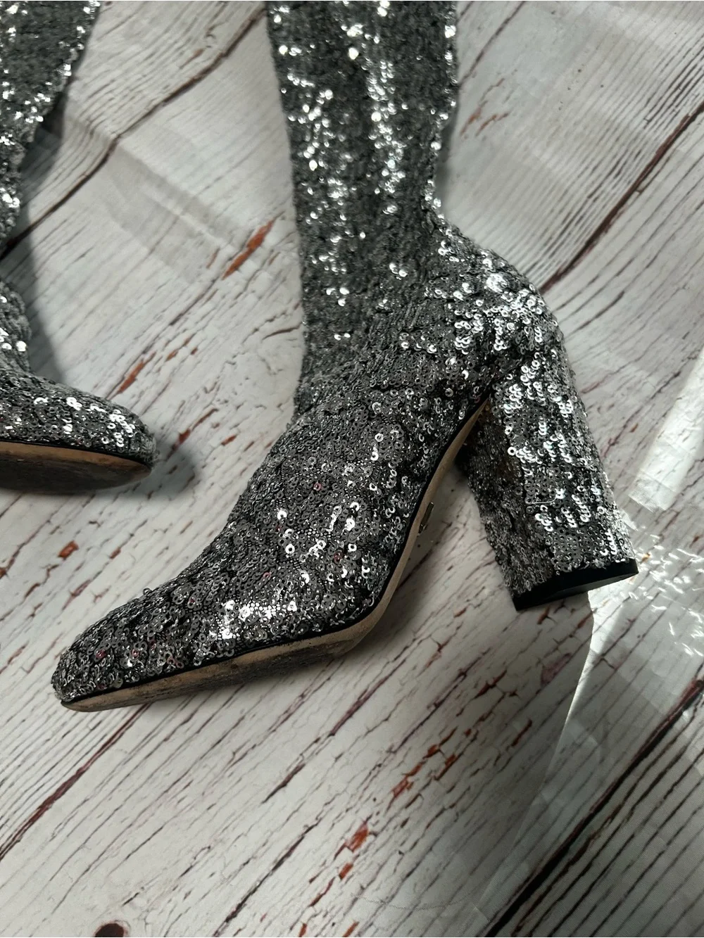 Dolce & Gabbana Silver Sequin Knee-High Block Heel Sock Boots Sz 37