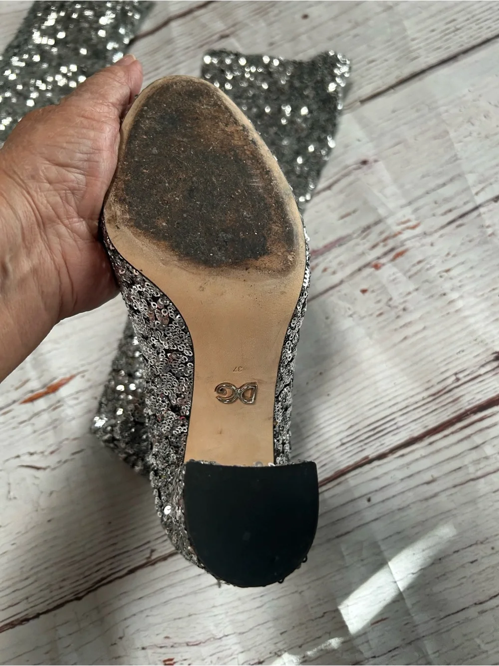Dolce & Gabbana Silver Sequin Knee-High Block Heel Sock Boots Sz 37