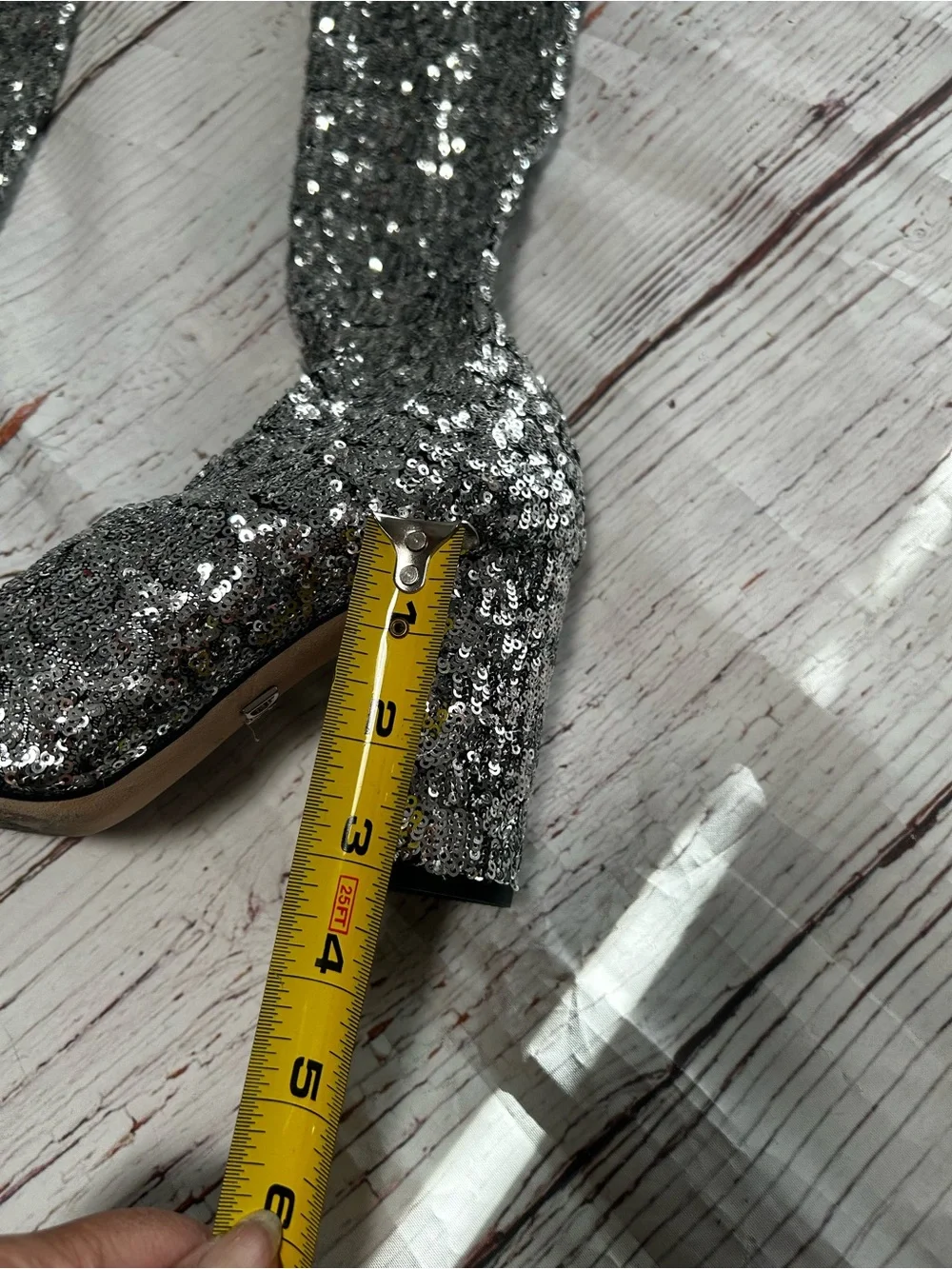 Dolce & Gabbana Silver Sequin Knee-High Block Heel Sock Boots Sz 37
