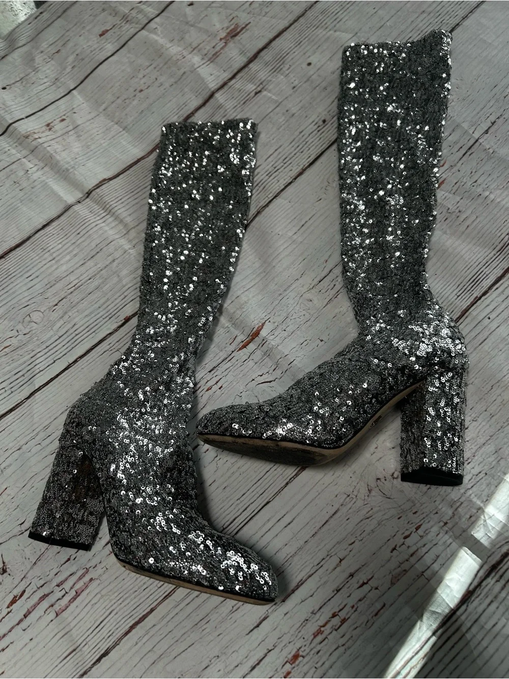 Dolce & Gabbana Silver Sequin Knee-High Block Heel Sock Boots Sz 37