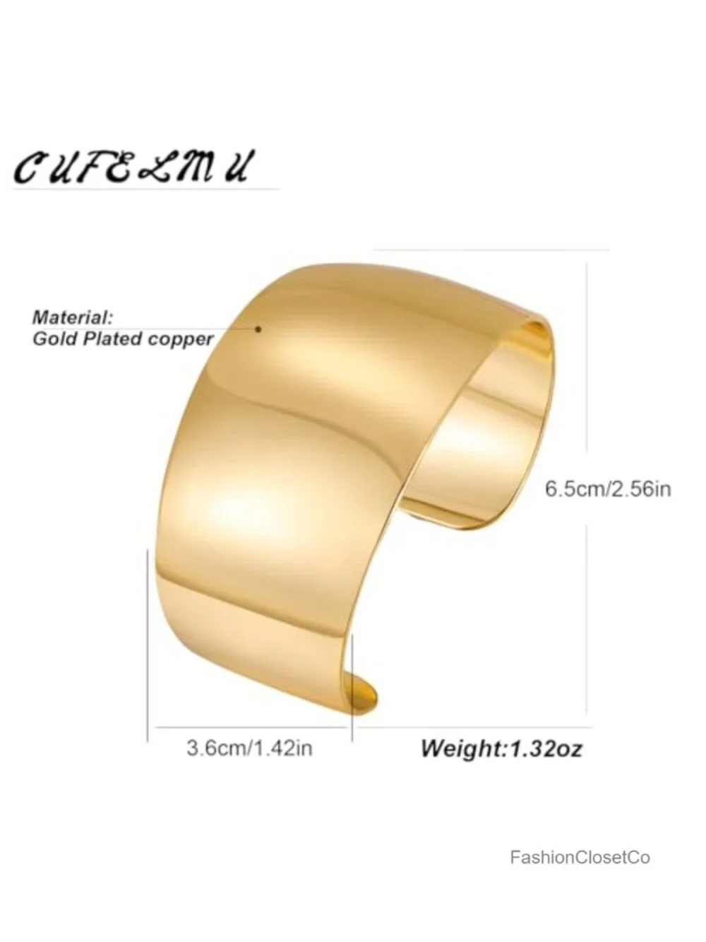 Gold Plated Hammered Open Wide Cuff Bangle Bracelet for Women Smooth Polished