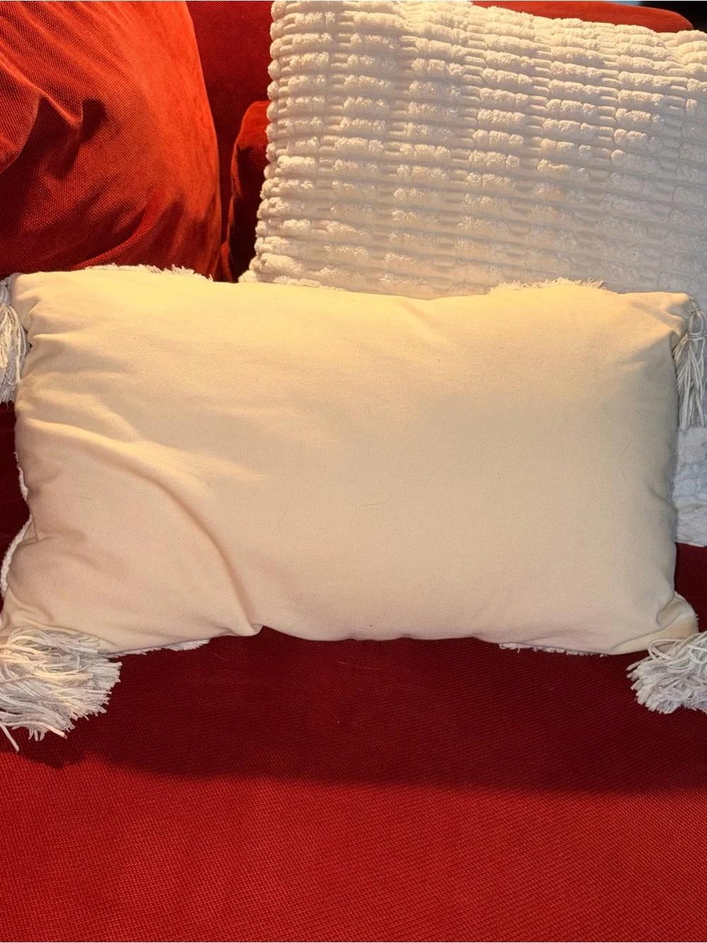 Textured Ivory Toss Pillow with Gray Stripe & Tassels