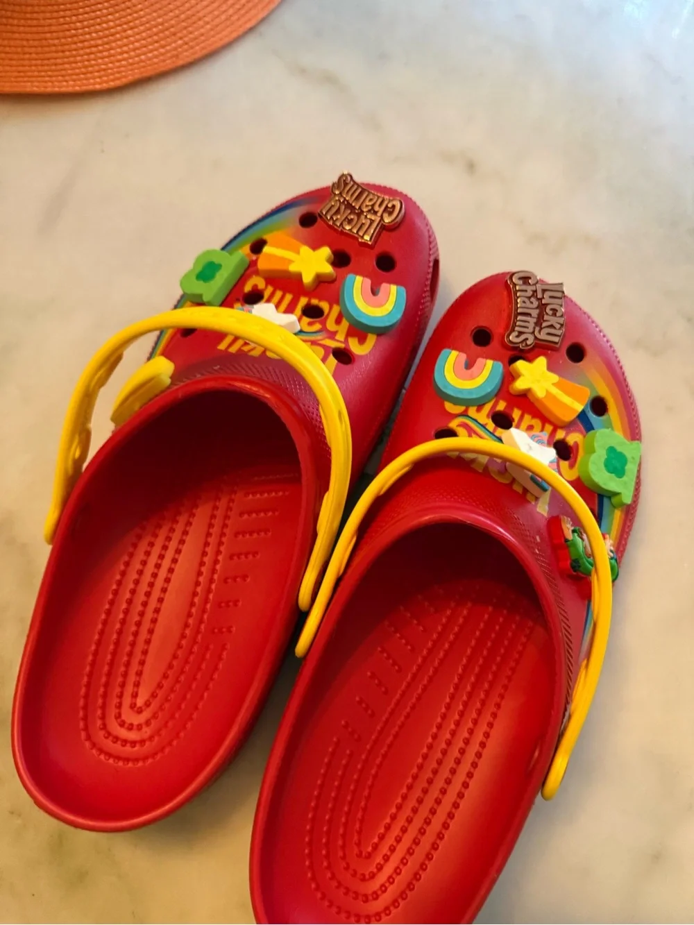 CROCS Red Clogs with Yellow Strap and Rainbow Charms