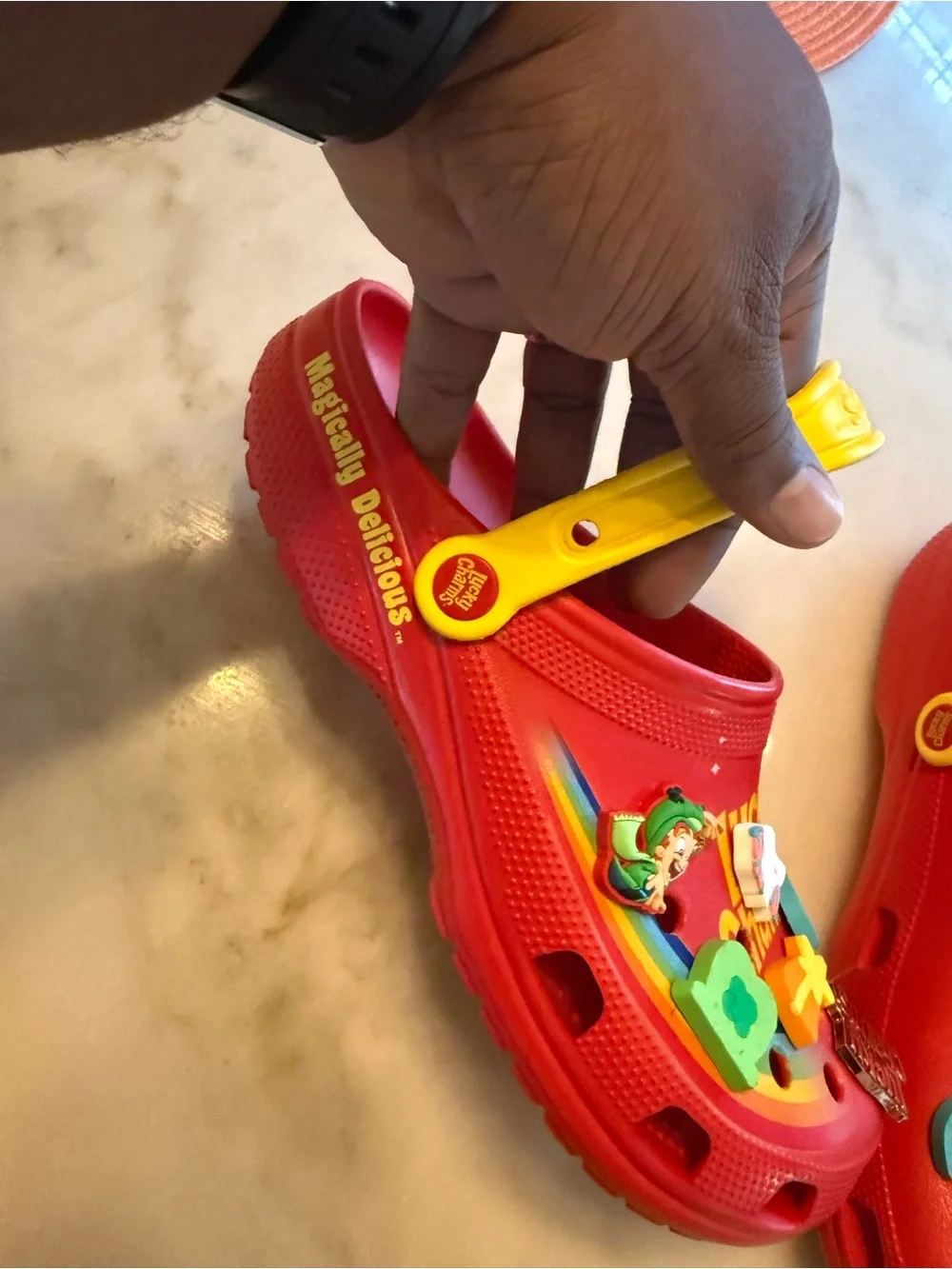 CROCS Red Clogs with Yellow Strap and Rainbow Charms