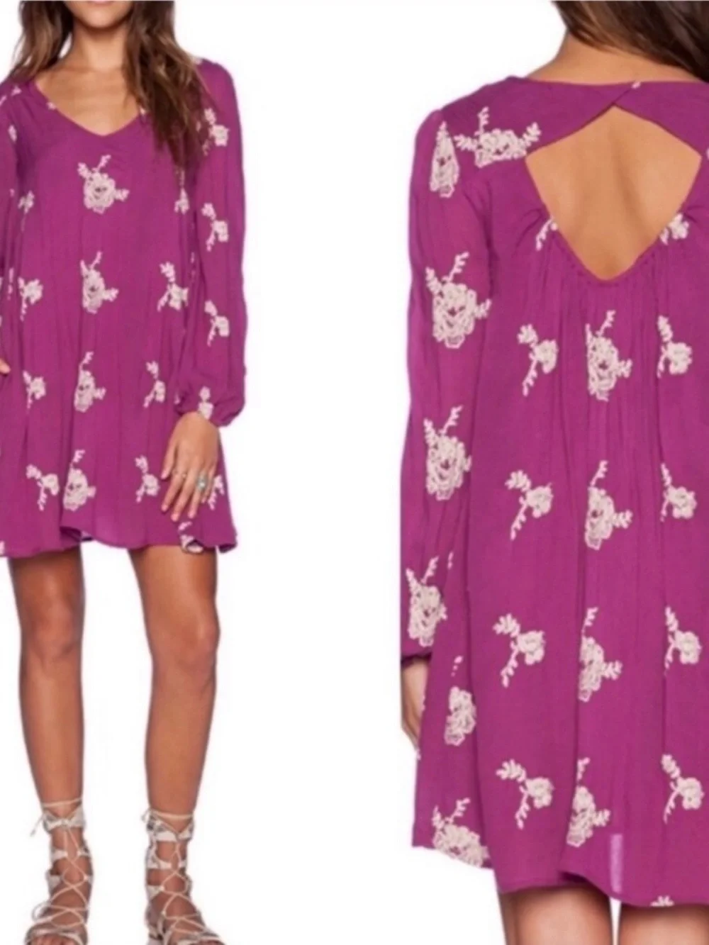 Free People Austin Emma Embroidered Swing Mini Dress Magenta XS