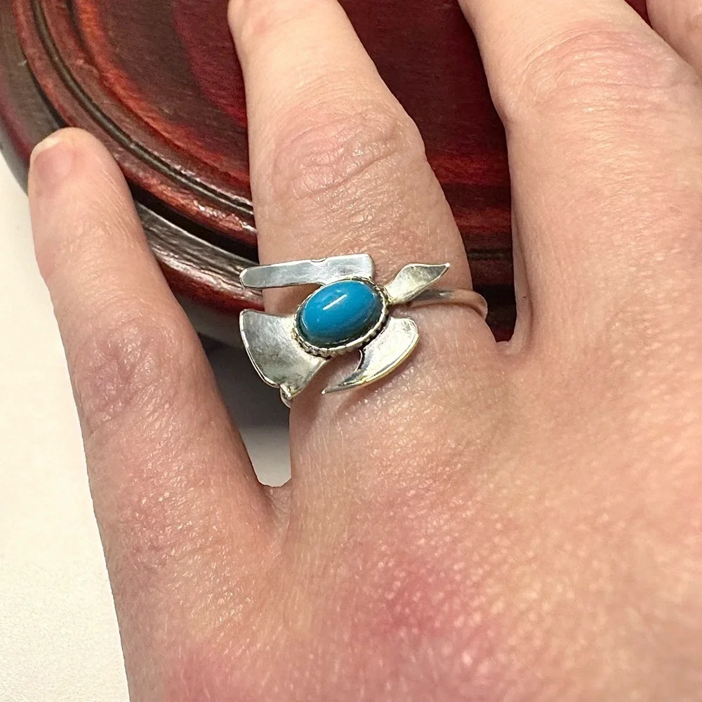 Vintage Sterling Silver Native American Turquoise Bird Ring (5-6)