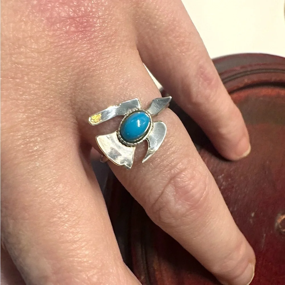 Vintage Sterling Silver Native American Turquoise Bird Ring (5-6)