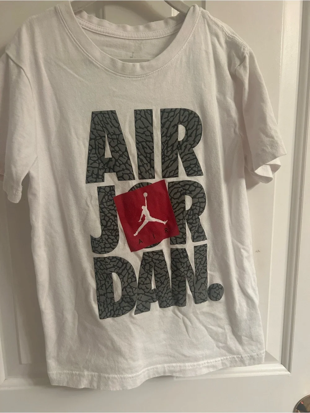 Boys Jordan White Short Sleeve Tee with Gray Graphic and Red Jumpman