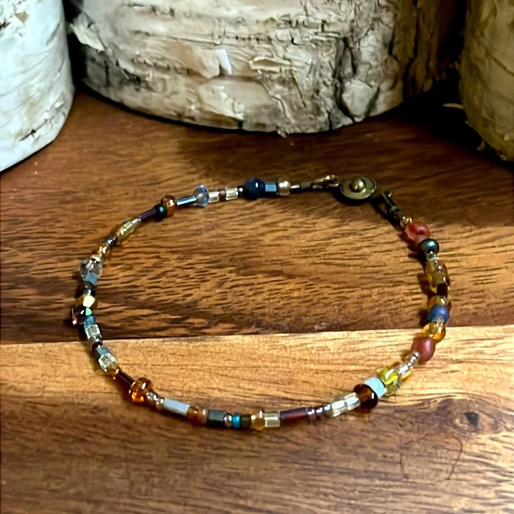 Vintage Artisan Mixed Glass Bead Necklace Boho Earth Tone Beadwork