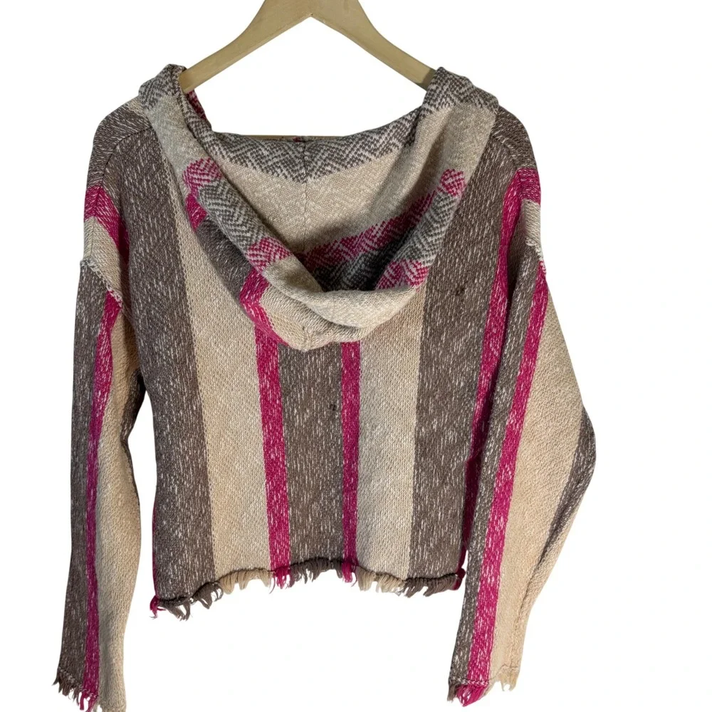 Free People Baja Hoodie Pink Tan Striped Fringed Cropped Pullover Woven‎ Sz S