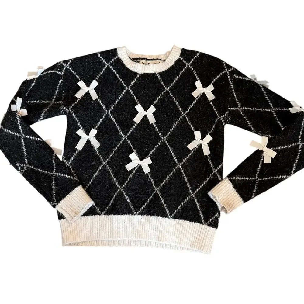 Girls Black White Bows Sweater Preppy Ballet Core Size Small