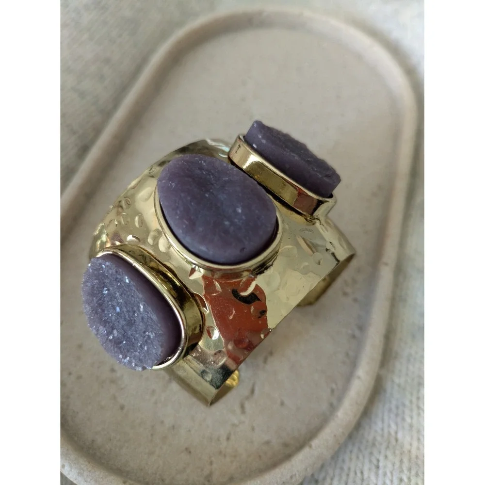 Graziano Wide Cuff Bracelet In Gold Tone Purple Druzy Stone Beads Chunky Whimsy