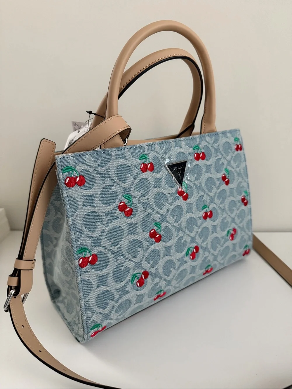 Guess Light Blue Cherry-Print Satchel with Tan Handles