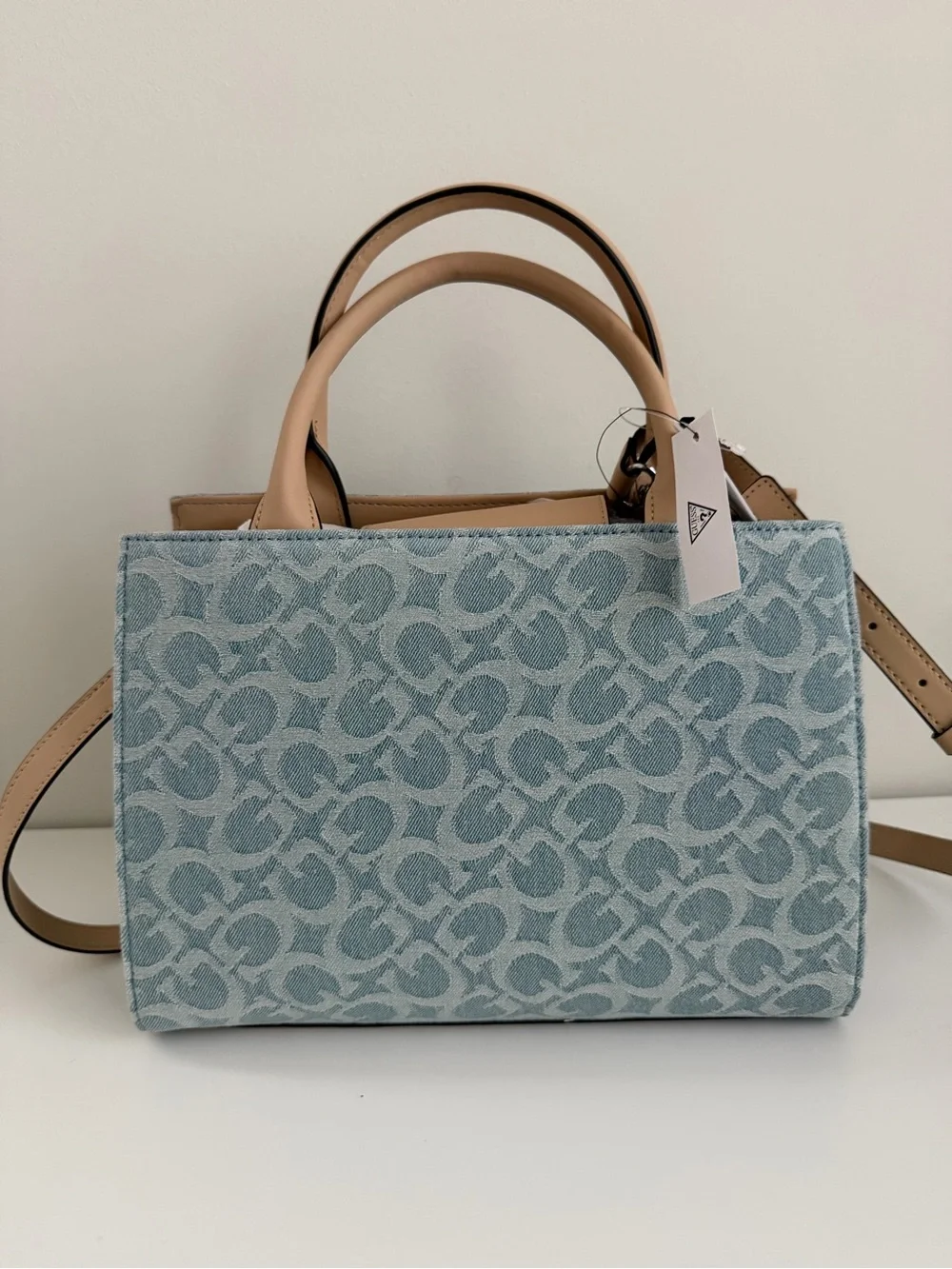 Guess Light Blue Cherry-Print Satchel with Tan Handles