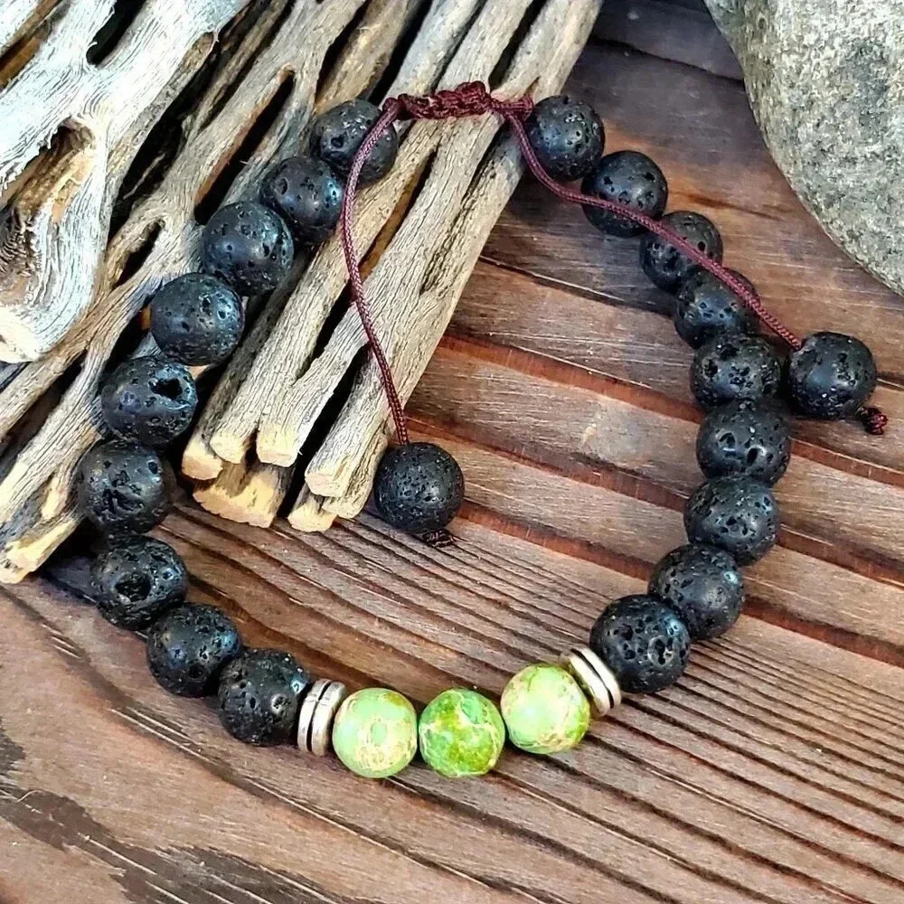 Chakra Bracelet Green Aqua Terra Jasper Black Lava Stones