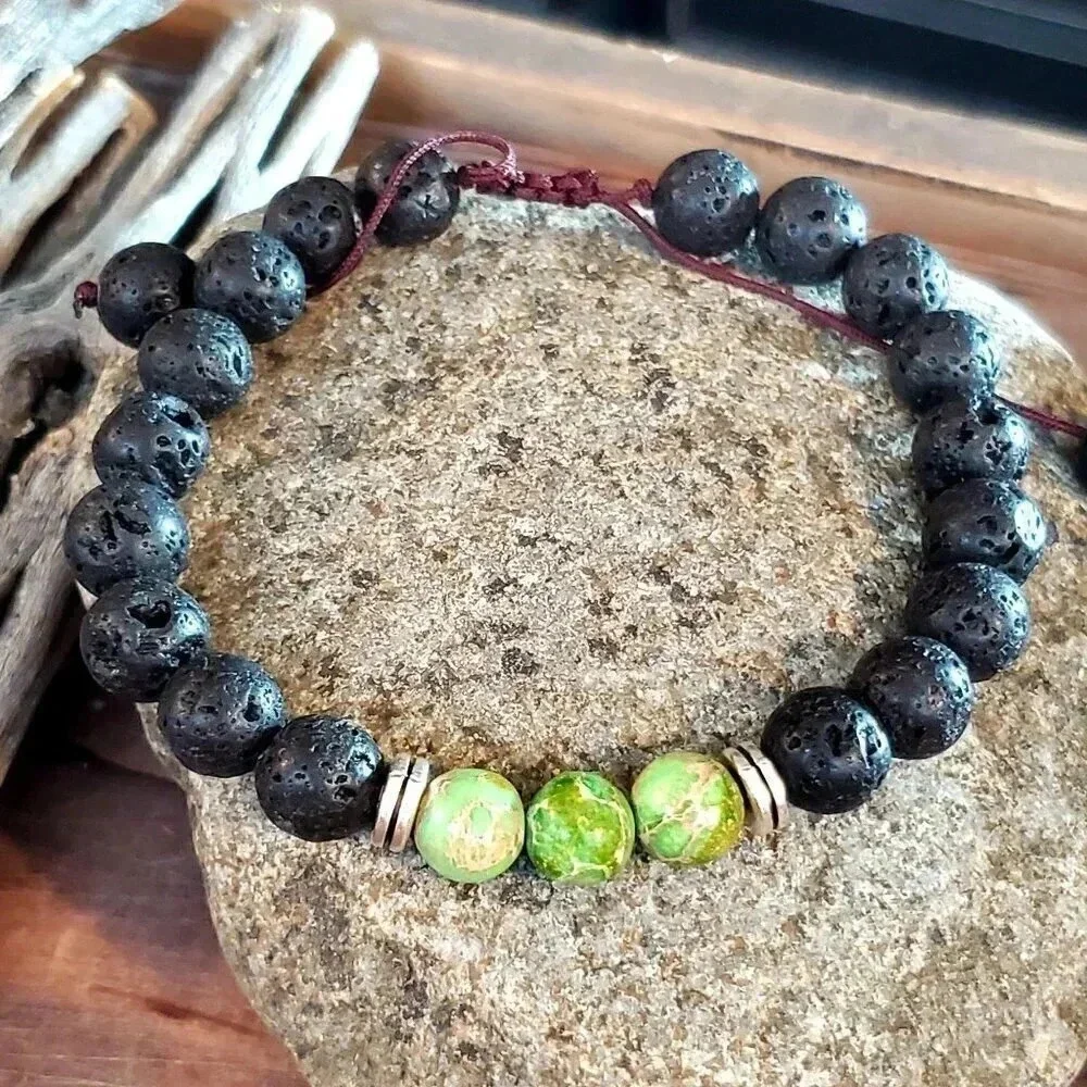 Chakra Bracelet Green Aqua Terra Jasper Black Lava Stones