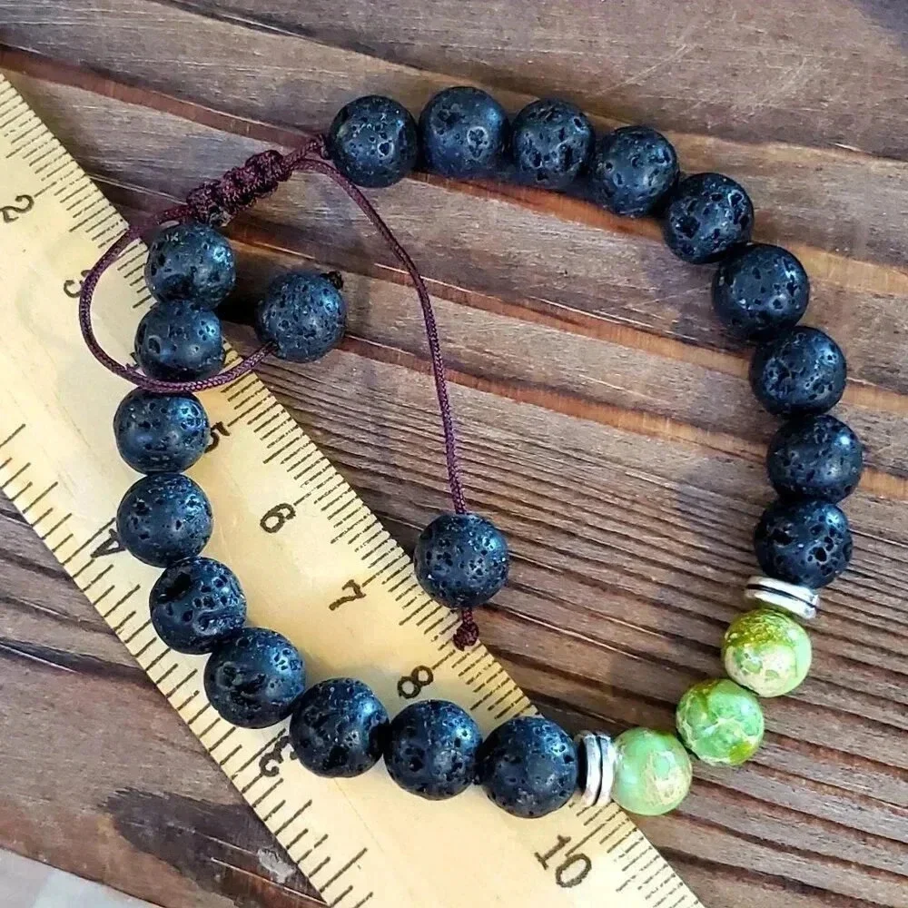 Chakra Bracelet Green Aqua Terra Jasper Black Lava Stones