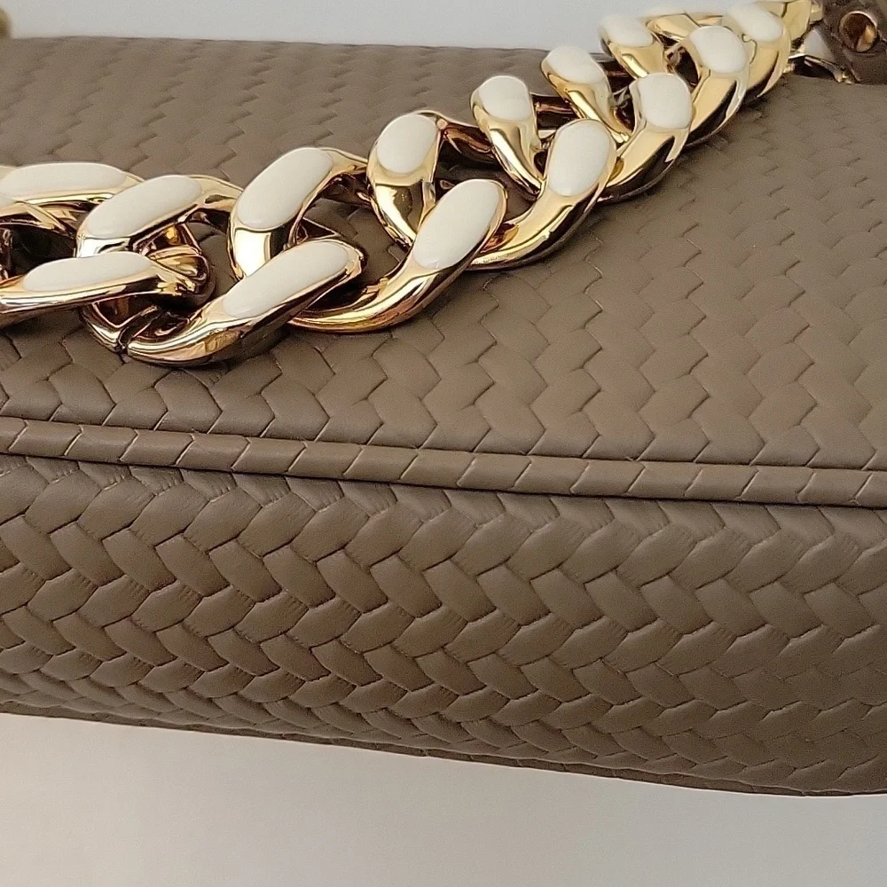 Italian Leather FIORDALISO Chain Strap Top Handle Bag Baguette Woven Foam Green