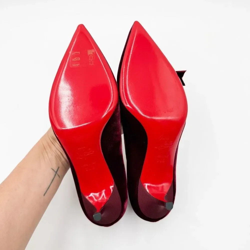 Christian Louboutin Velvet Madame Menule Bow Pumps Kitten Heel EU 38.5 US 8.5