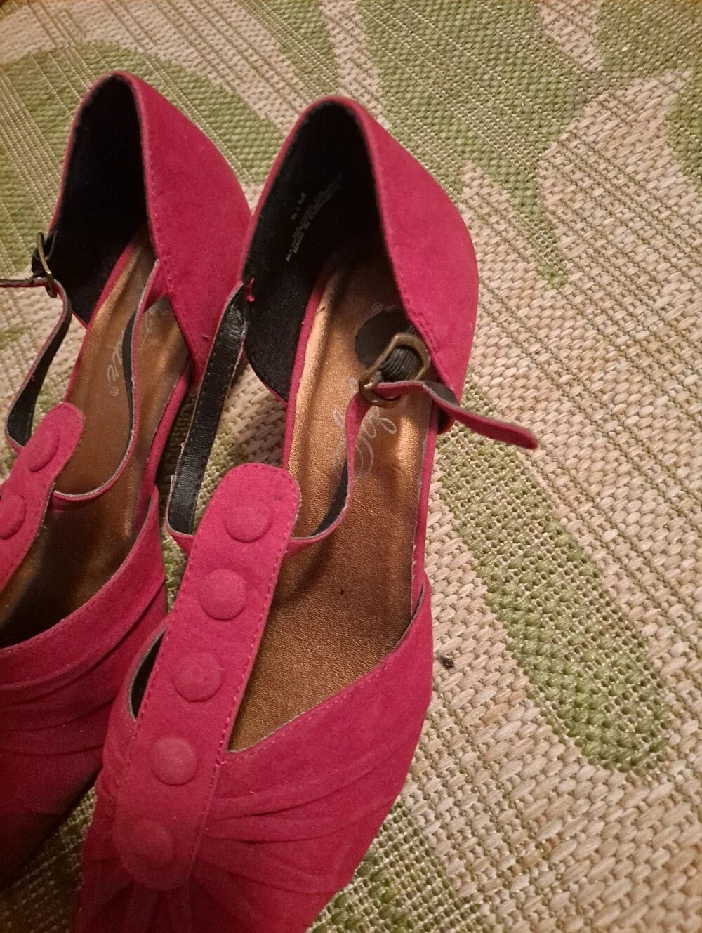 Red Suede T-Strap Heels with Pleated Front and Button Detail