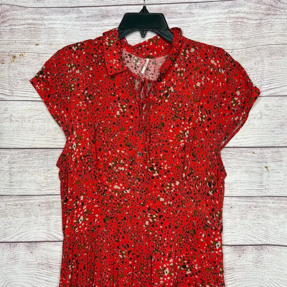 Free People 40's Print Midi Button Up Cap Sleeve Red Lined Shirt Dress Size 12