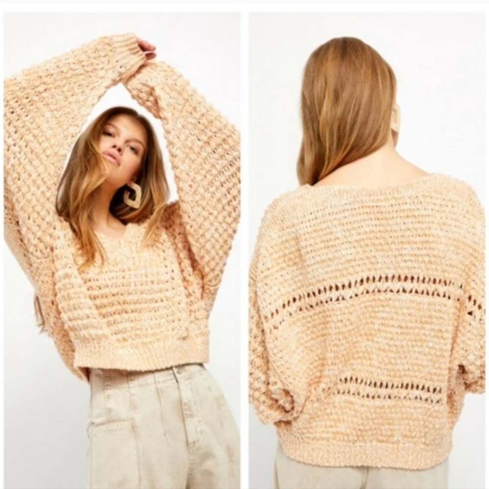 Free People Coconut Loose Weave Sandy Combo Knit Pullover Off Shoulder Shredded