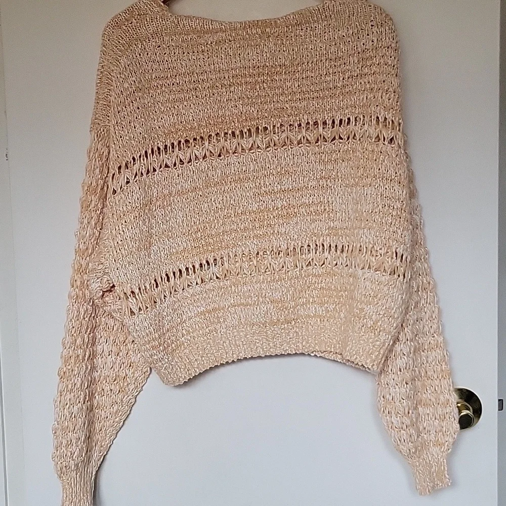 Free People Coconut Loose Weave Sandy Combo Knit Pullover Off Shoulder Shredded