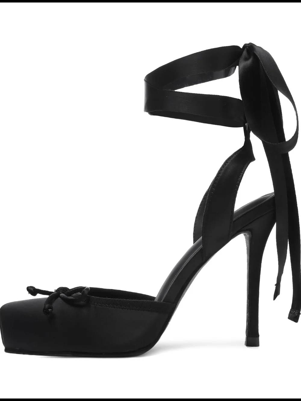 Black Satin Lace-Up Square-Toe Stiletto Heels