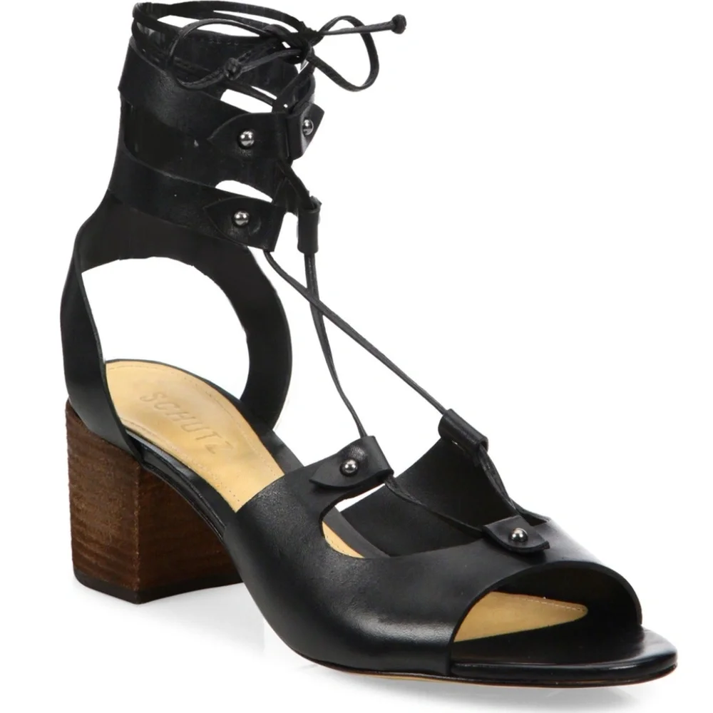 Schutz Monik Black Leather Gladiator Block Heel Sandal Open toe Ankle Strap Pump