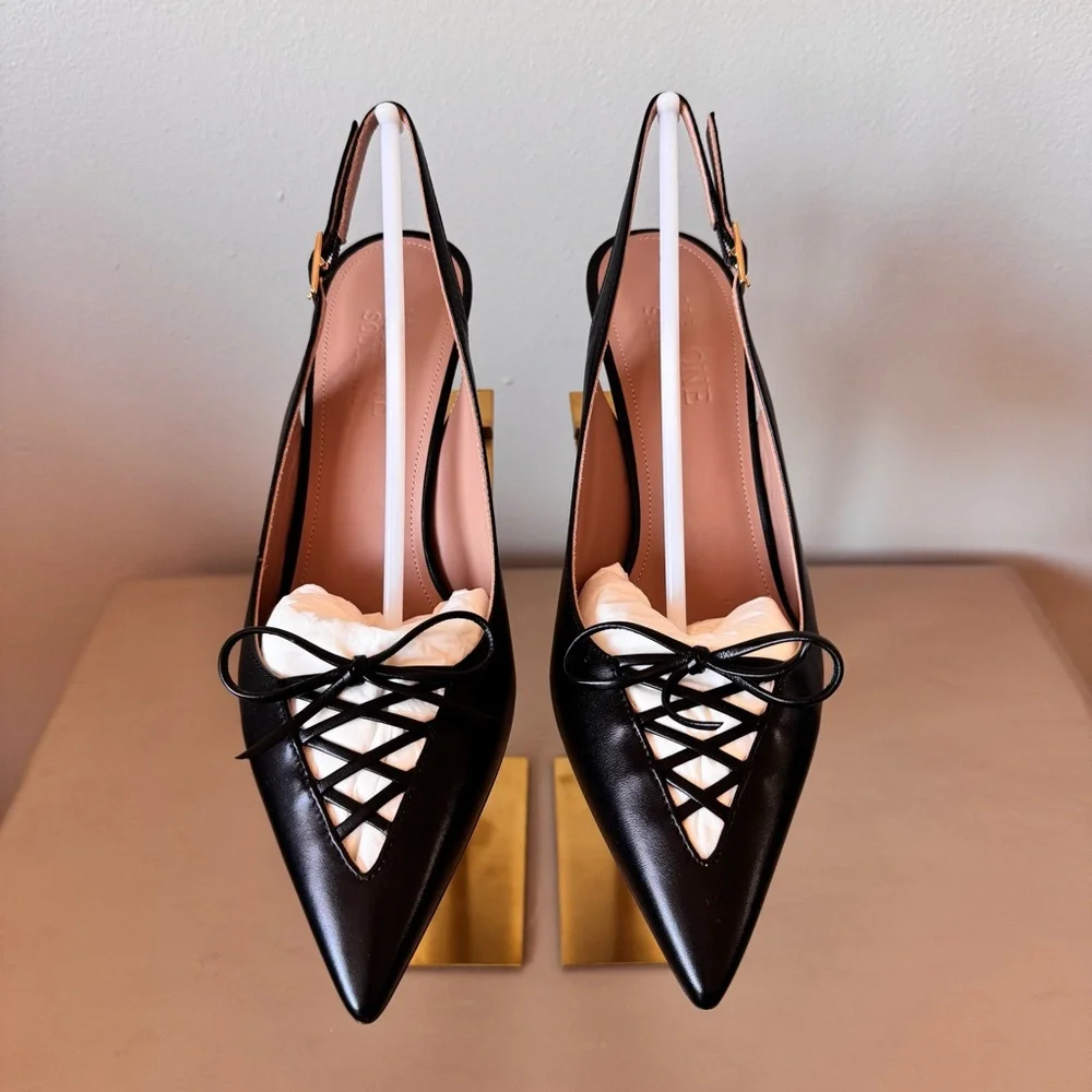 Malone Souliers Trudie Slingback Pumps Black Nappa Laced Pointed Toe EU 38 NWT