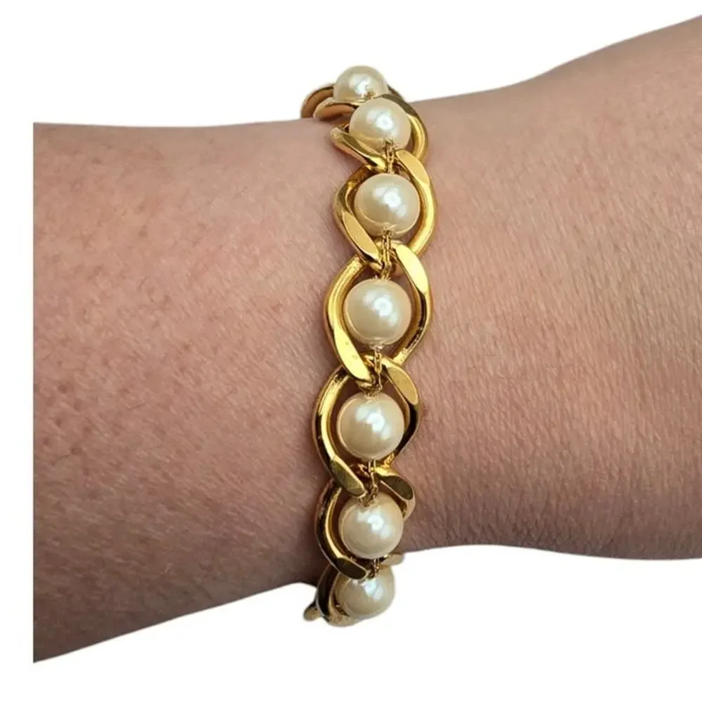 Gold Pearl Link Bracelet Chunky Chain Style Classic Glam Elegant